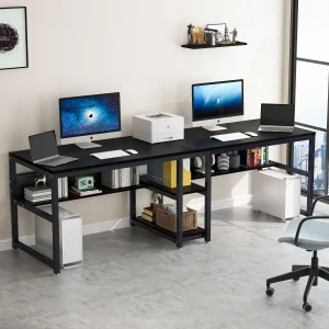 Tribesigns Two Person Desk with Bookshelf, 78.7 Computer Office Double Desk for Two Person, Rustic Writing Desk Workstation